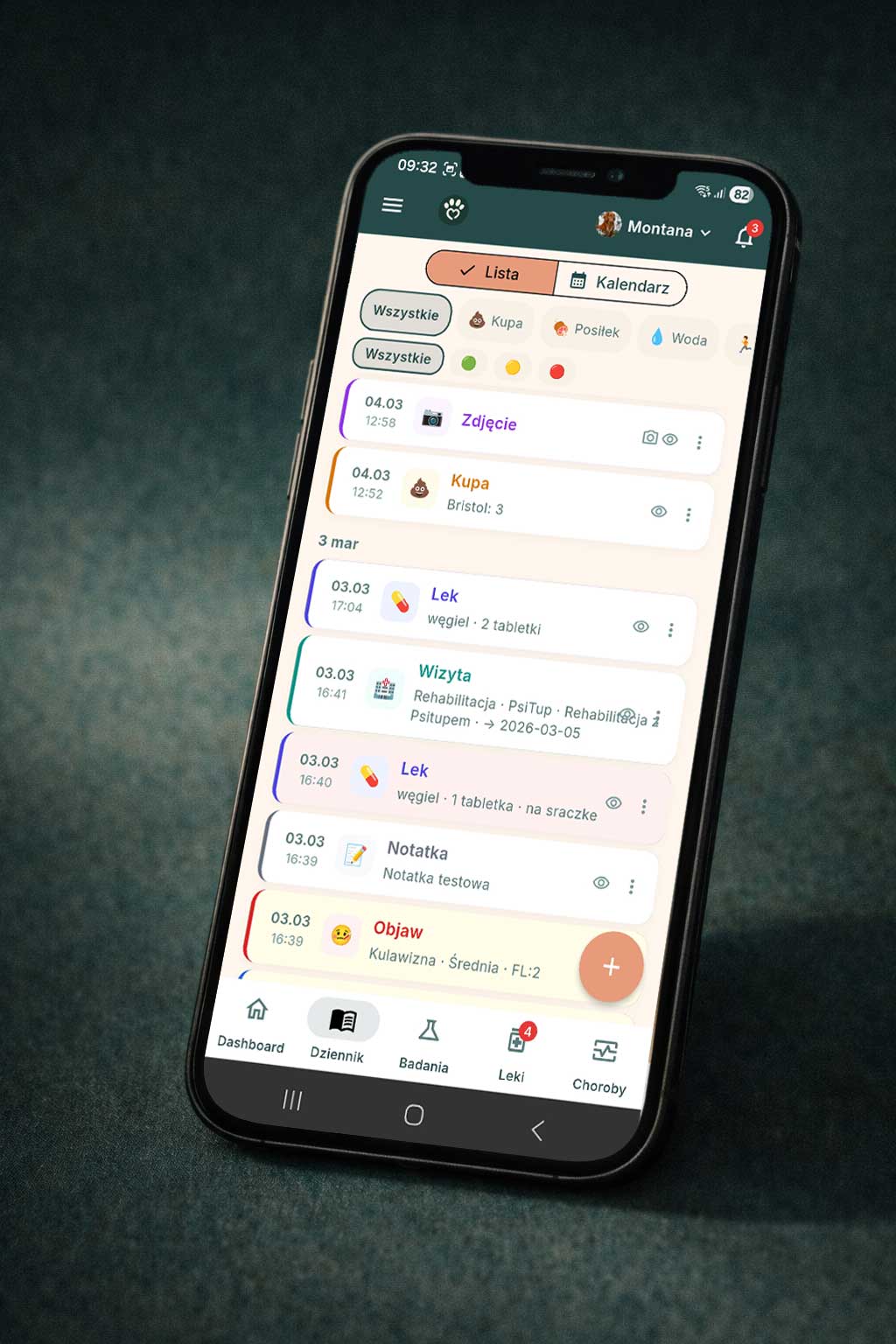 Lista wpisów dziennika DogPulse z kolorowymi kartami