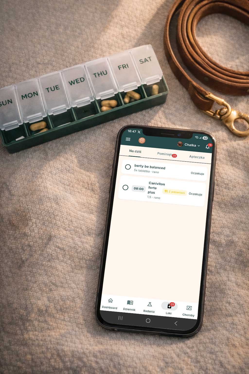 Harmonogram leków DogPulse obok organizera na tabletki