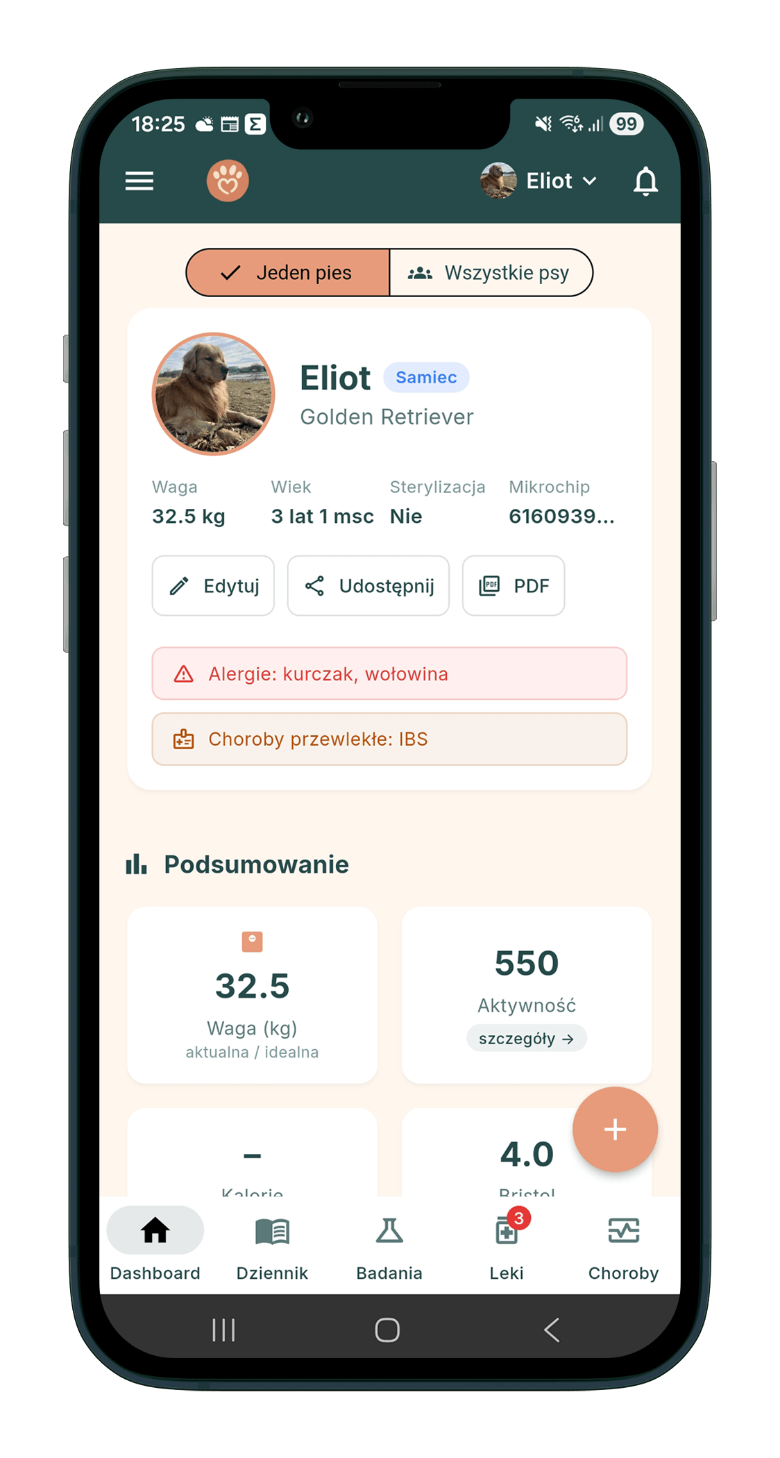 Dashboard psa Eliota w aplikacji DogPulse — profil, choroby przewlekłe IBS i podsumowanie zdrowia